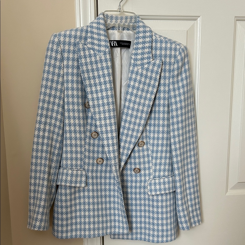 Zara Light Blue and White Checkered Blazer